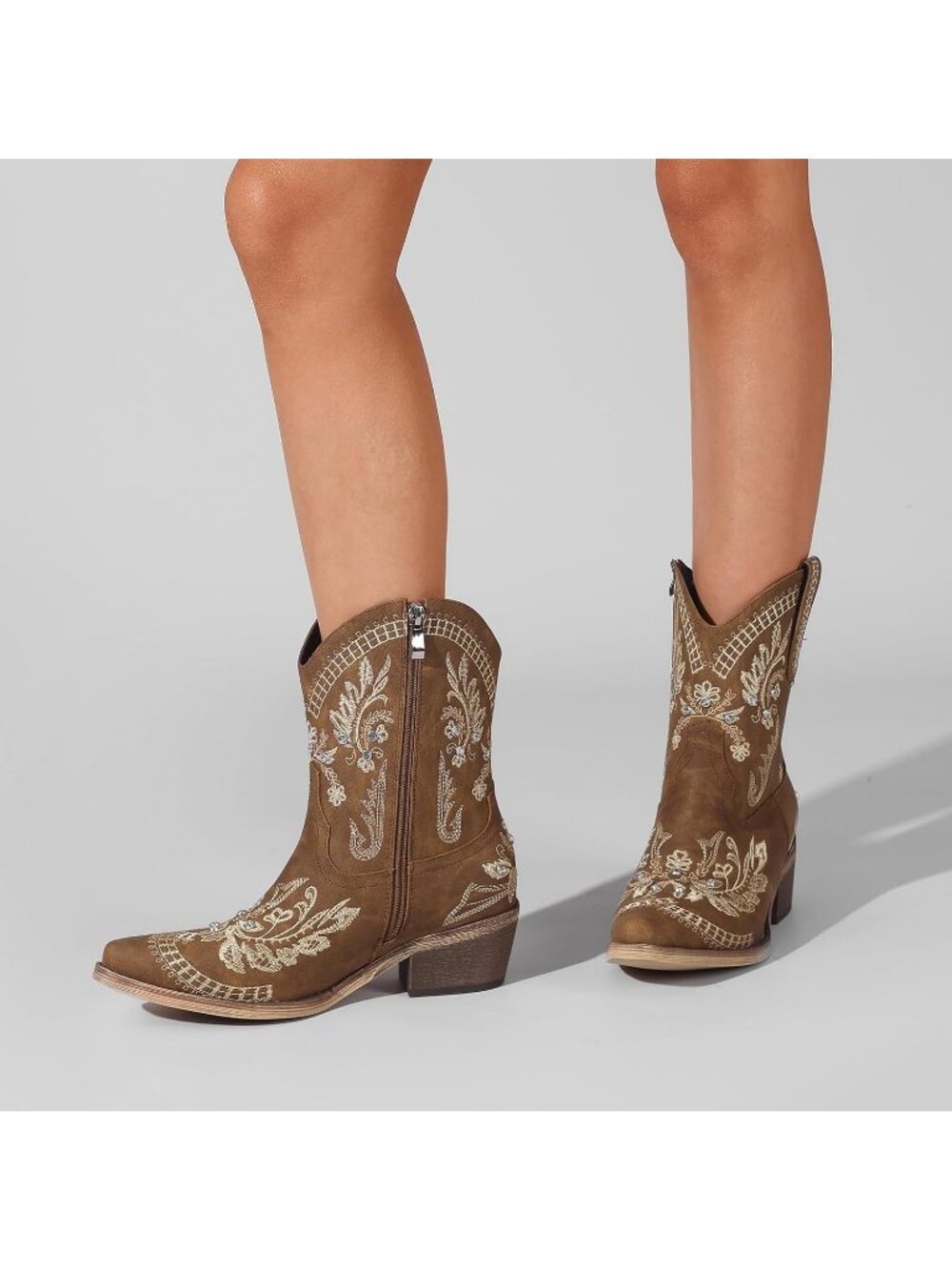 Women's Brown Comfortable Chunky Heel Side Zipper Embroidered Short Cowgirl Boot - Picture 7 of 7
